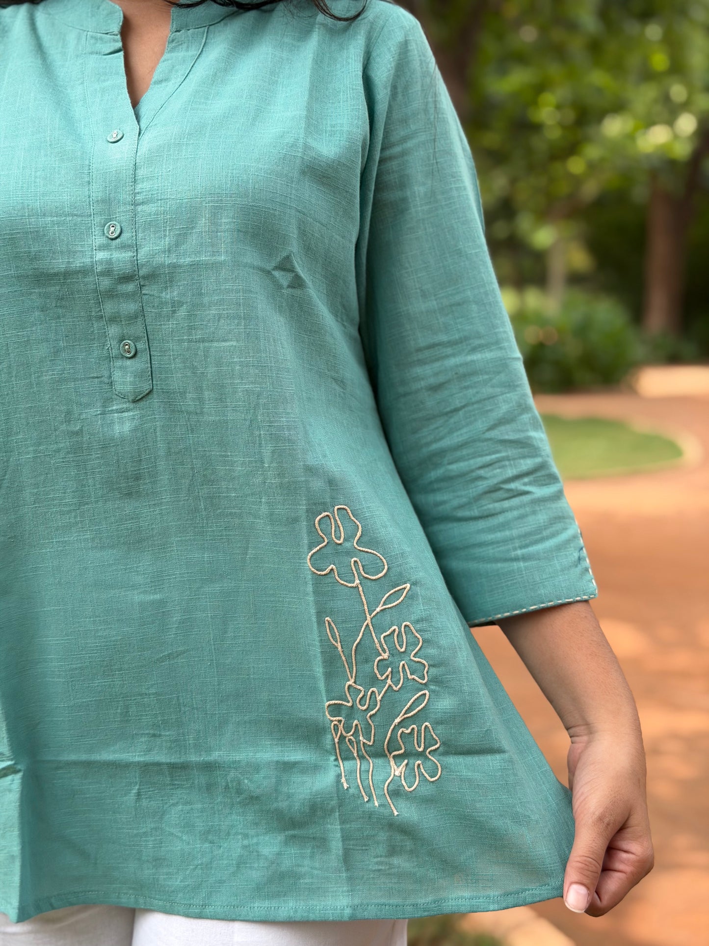 ELINA Dusty Teal Embroidered Cotton Short Top
