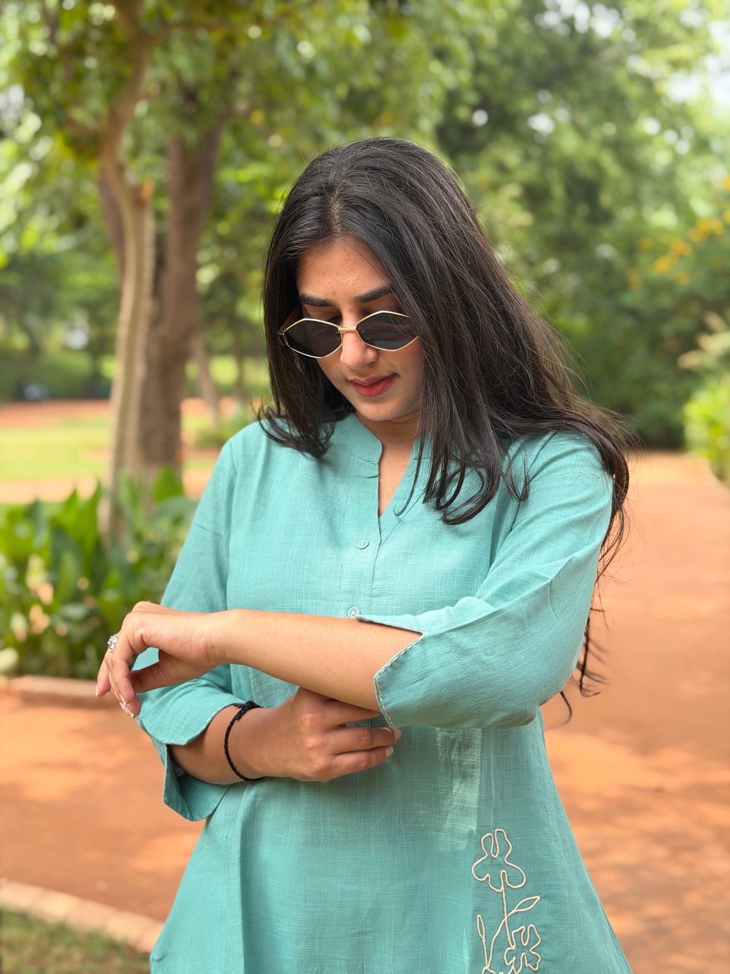 ELINA Dusty Teal Embroidered Cotton Short Top