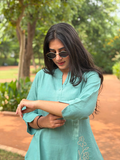 ELINA Dusty Teal Embroidered Cotton Short Top