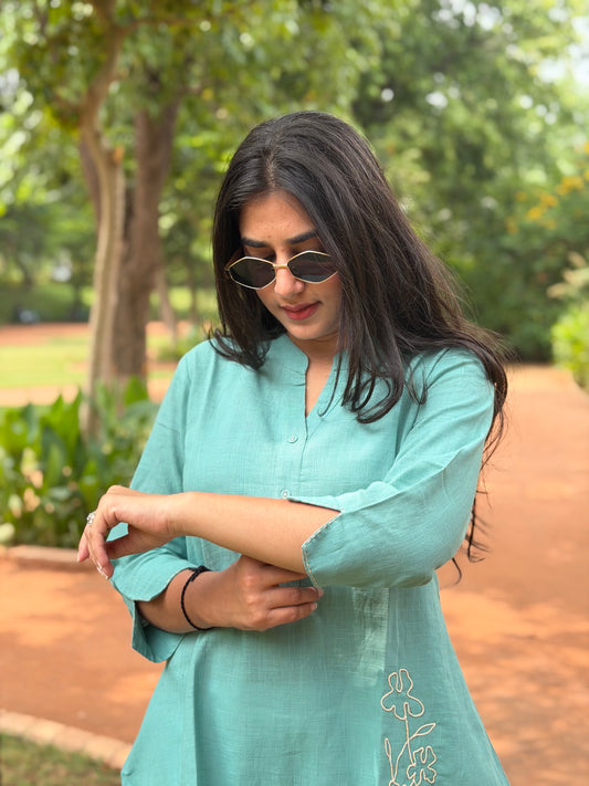 ELINA Dusty Teal Embroidered Cotton Short Top