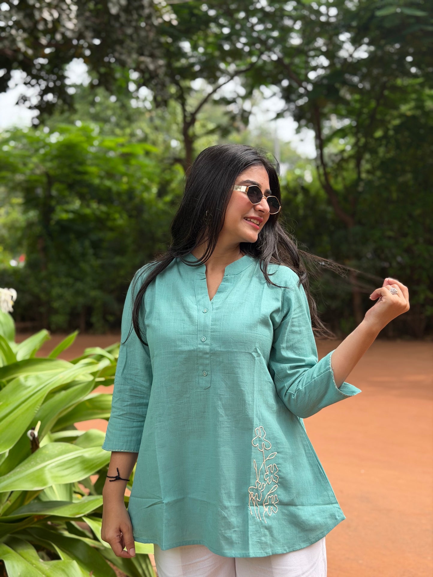 ELINA Dusty Teal Embroidered Cotton Short Top