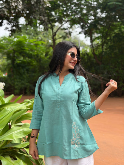 ELINA Dusty Teal Embroidered Cotton Short Top
