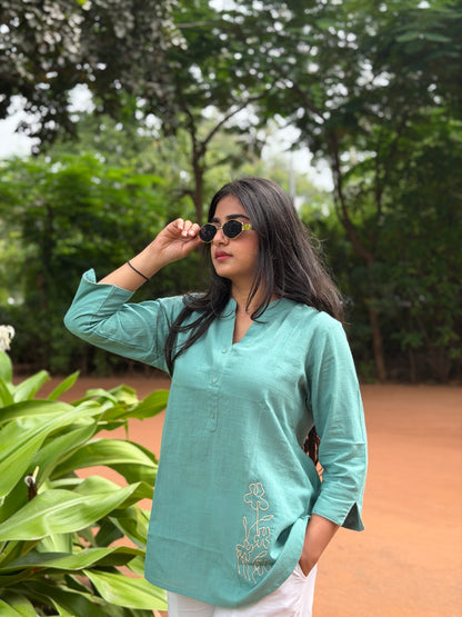 ELINA Dusty Teal Embroidered Cotton Short Top