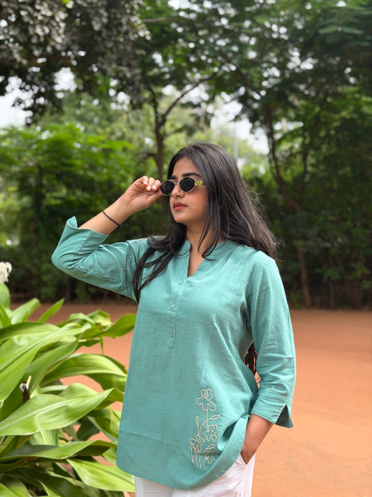 ELINA Dusty Teal Embroidered Cotton Short Top