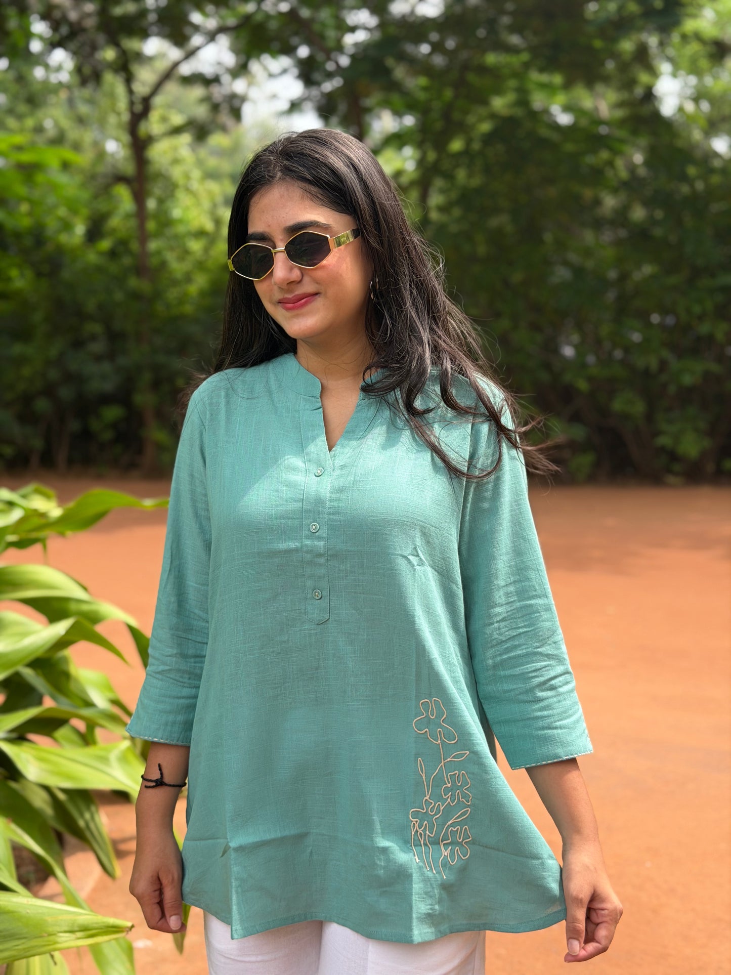 ELINA Dusty Teal Embroidered Cotton Short Top