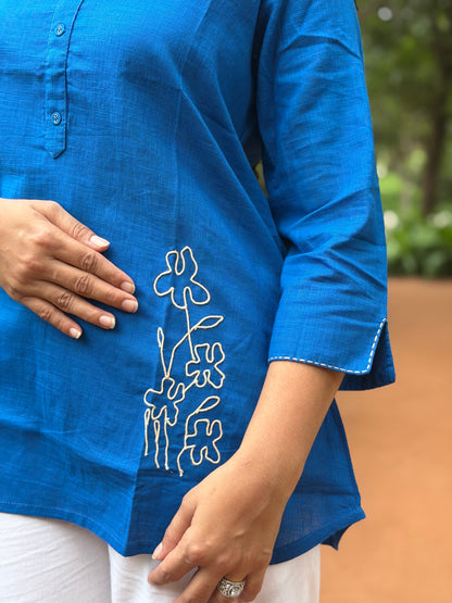 ELINA Royal Blue Embroidered Cotton Short Top