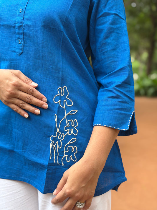 ELINA Royal Blue Embroidered Cotton Short Top