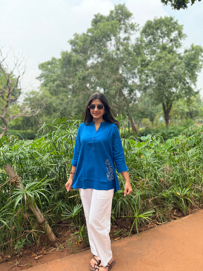 ELINA Royal Blue Embroidered Cotton Short Top