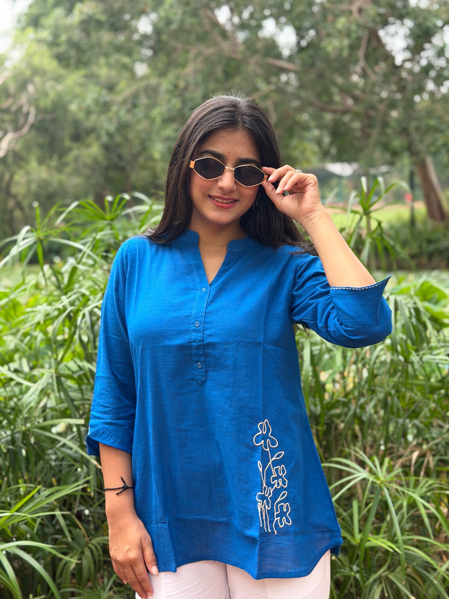 ELINA Royal Blue Embroidered Cotton Short Top