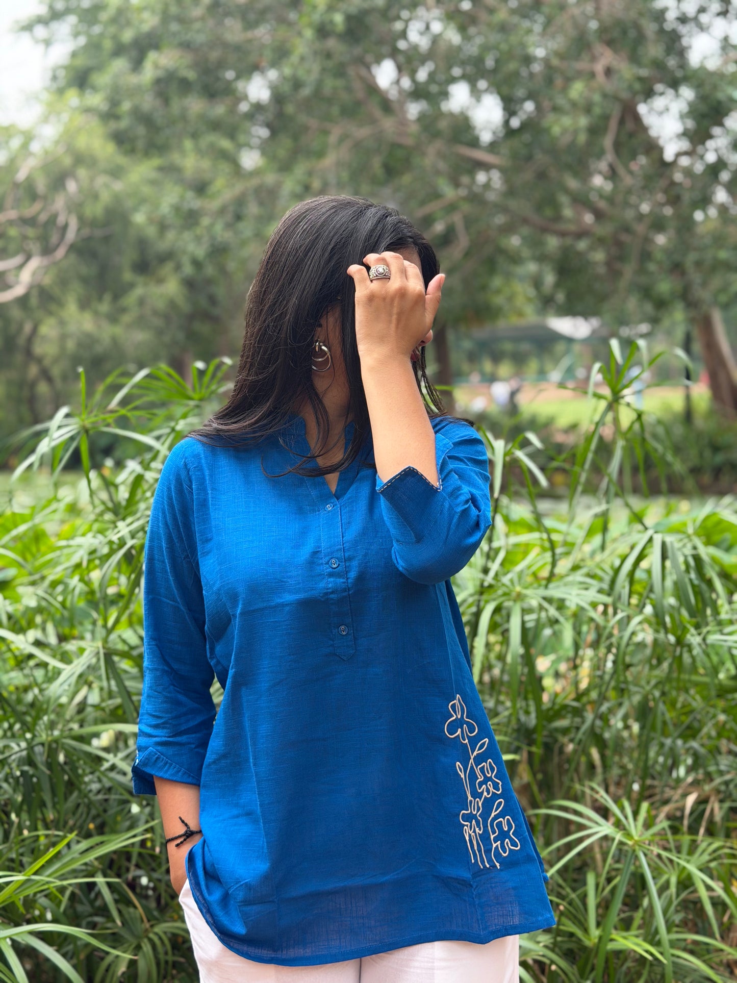 ELINA Royal Blue Embroidered Cotton Short Top