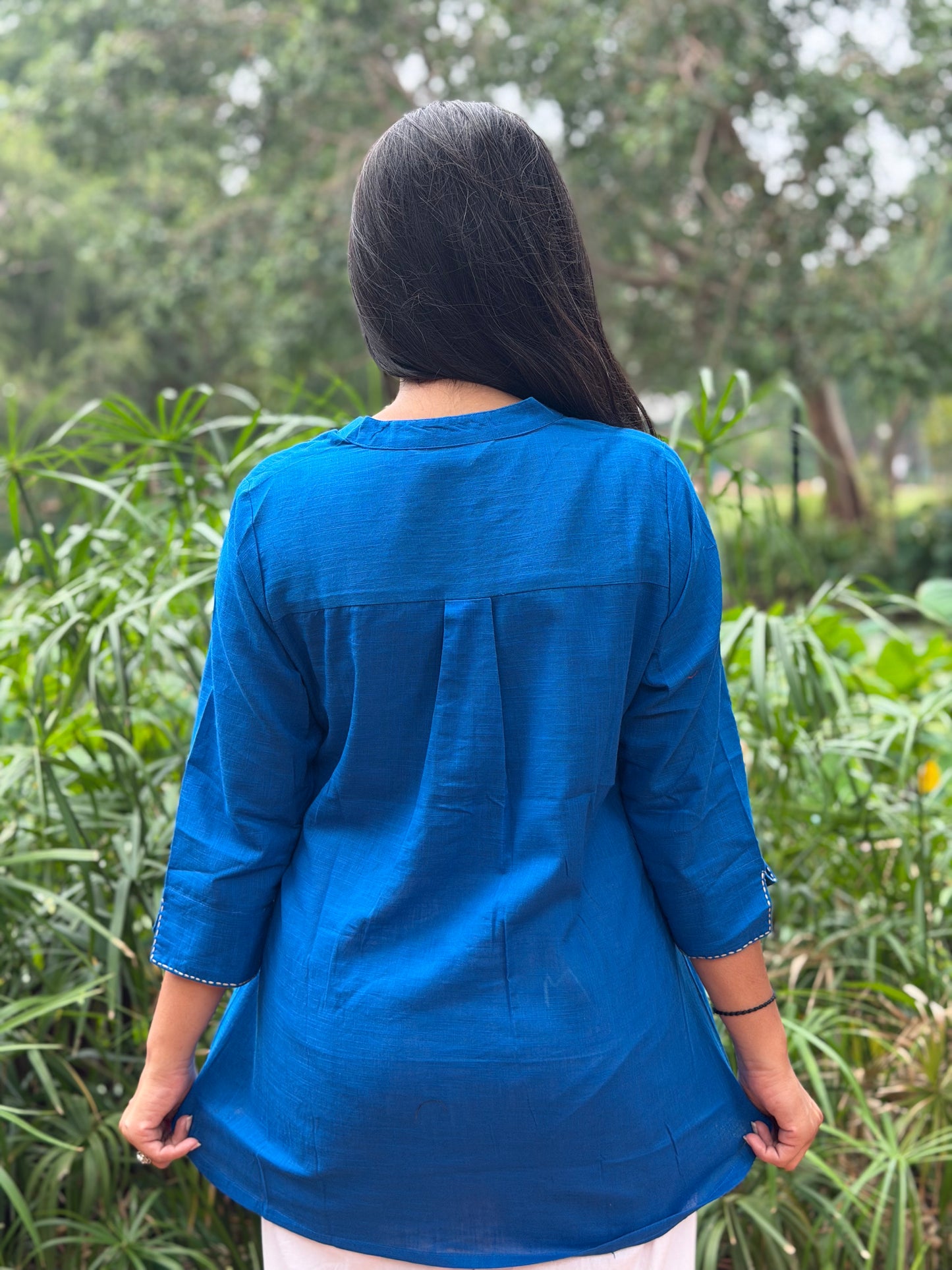 ELINA Royal Blue Embroidered Cotton Short Top