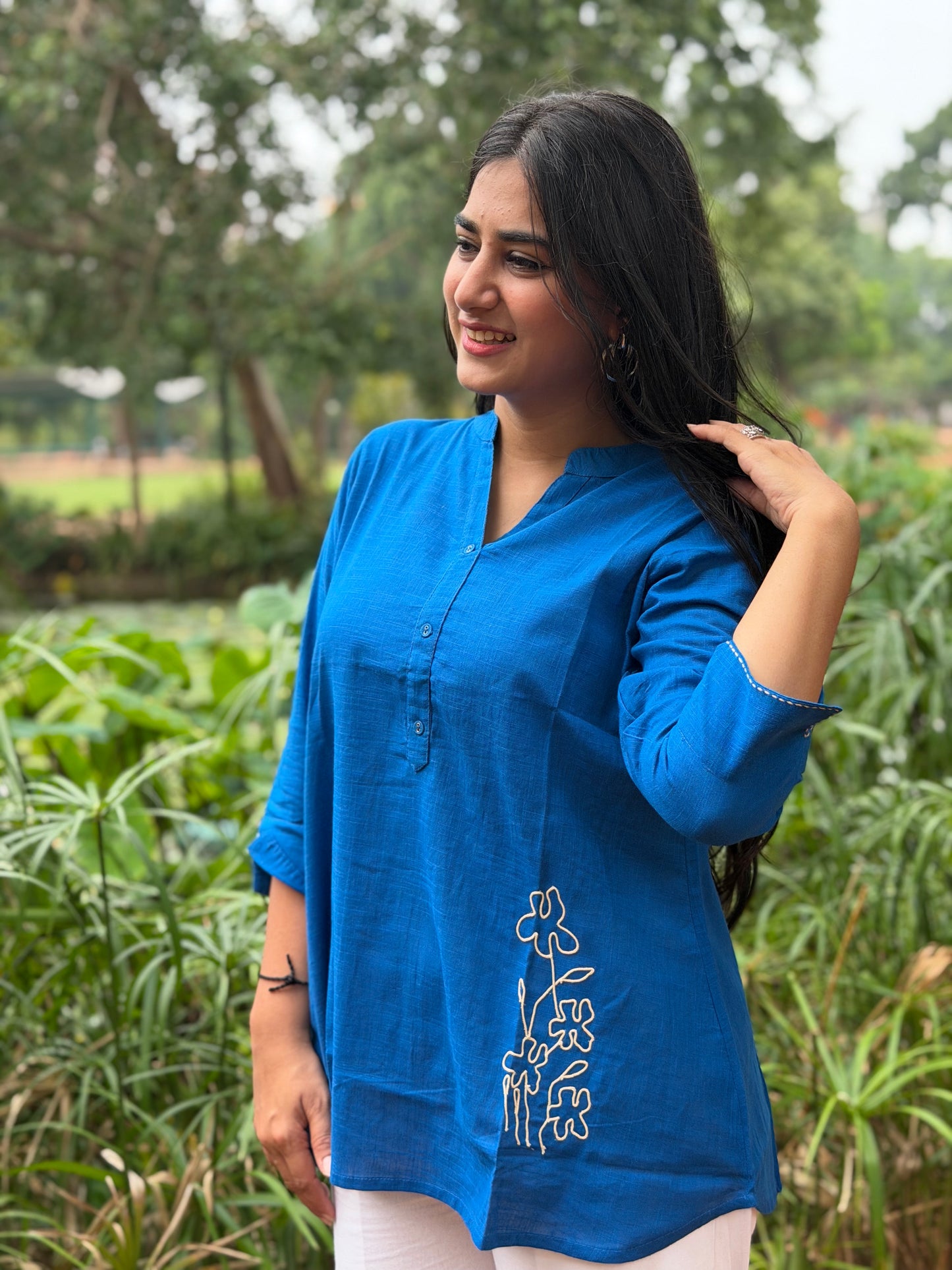 ELINA Royal Blue Embroidered Cotton Short Top