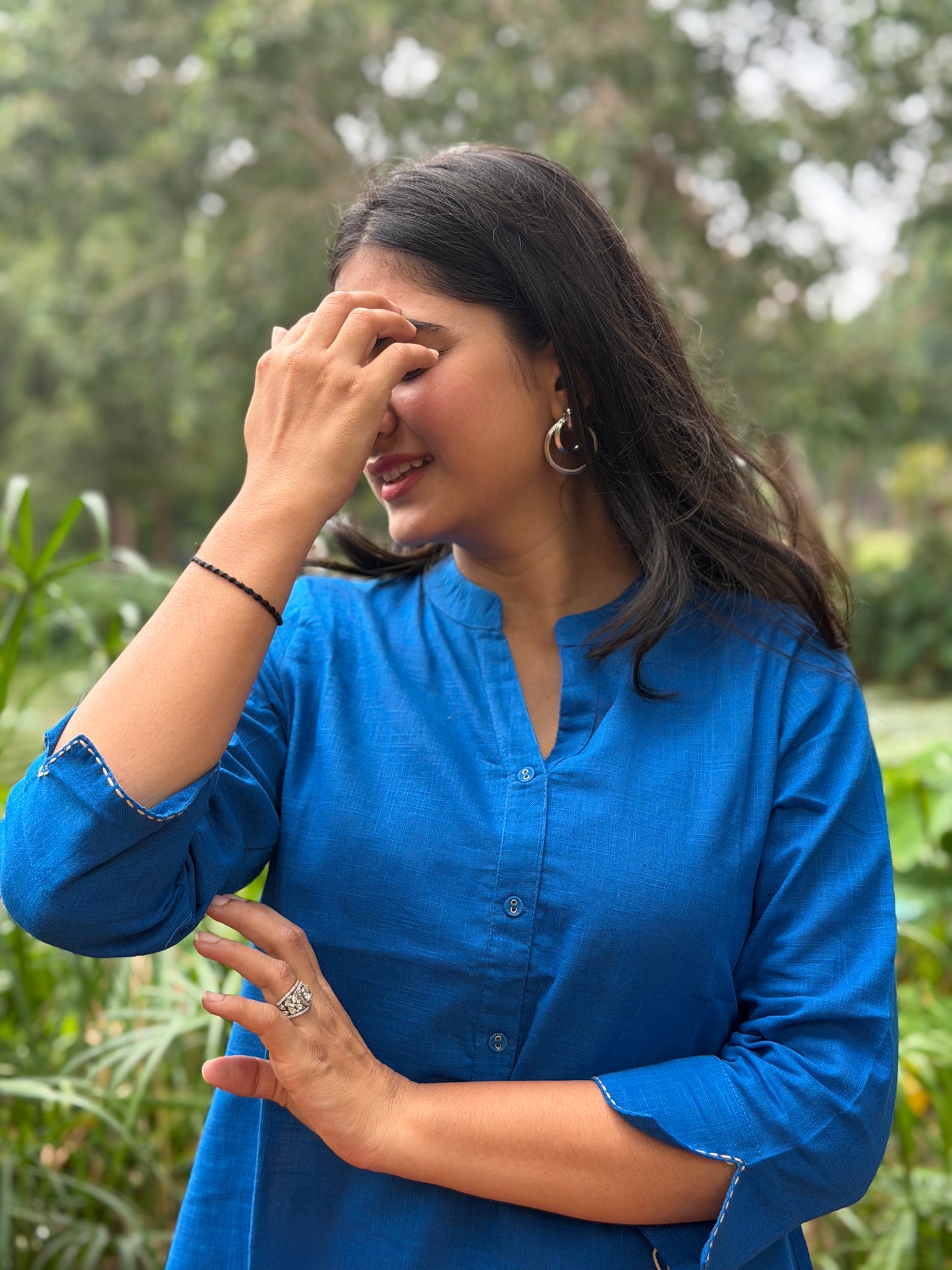 ELINA Royal Blue Embroidered Cotton Short Top