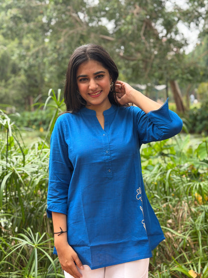 ELINA Royal Blue Embroidered Cotton Short Top