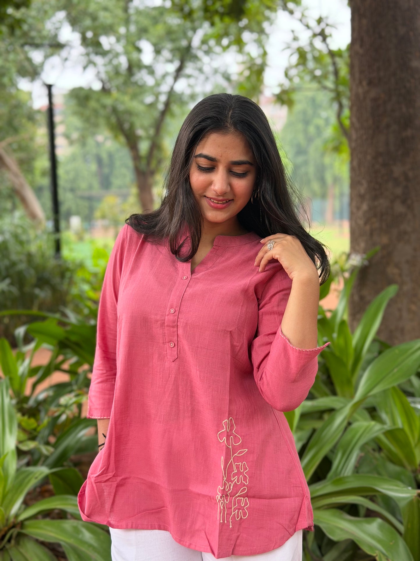 ELINA Dusty Plum Embroidered Cotton Short Top