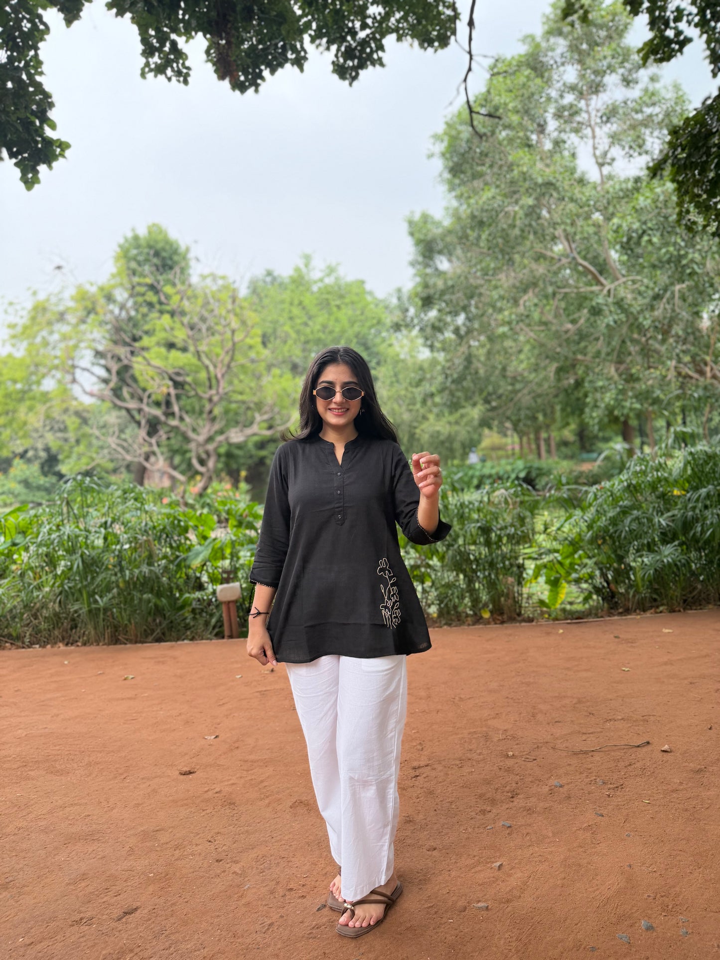 ELINA Black Embroidered Cotton Short Top