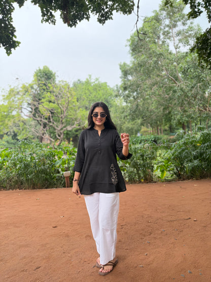 ELINA Black Embroidered Cotton Short Top