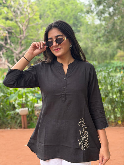 ELINA Black Embroidered Cotton Short Top