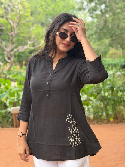 ELINA Black Embroidered Cotton Short Top
