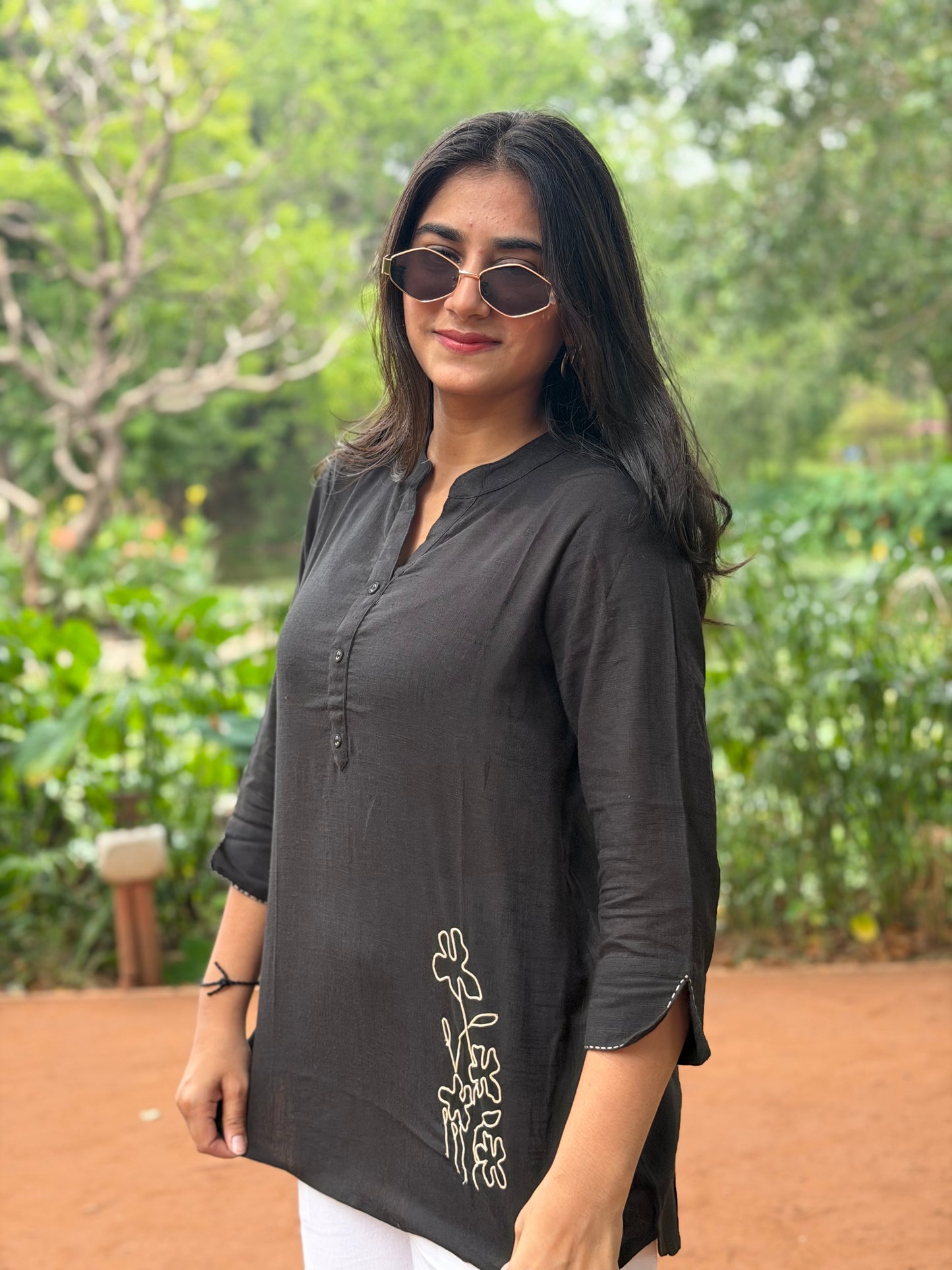 ELINA Black Embroidered Cotton Short Top