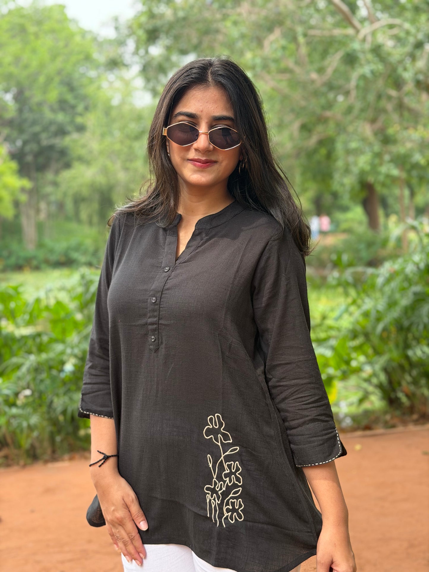 ELINA Black Embroidered Cotton Short Top