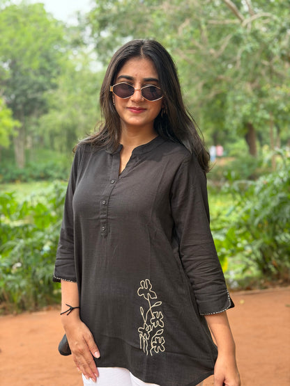 ELINA Black Embroidered Cotton Short Top