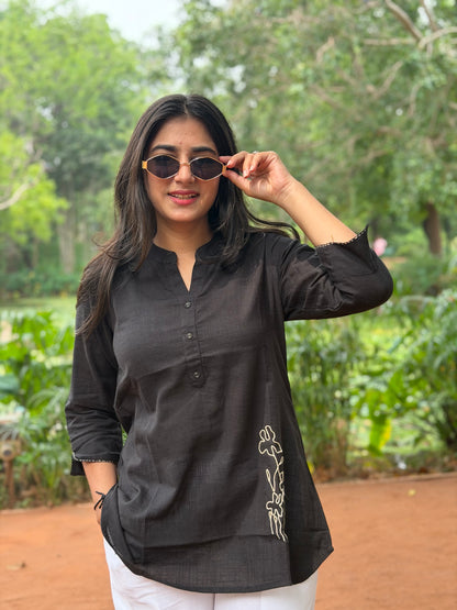 ELINA Black Embroidered Cotton Short Top