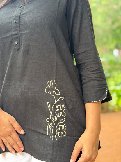 ELINA Black Embroidered Cotton Short Top
