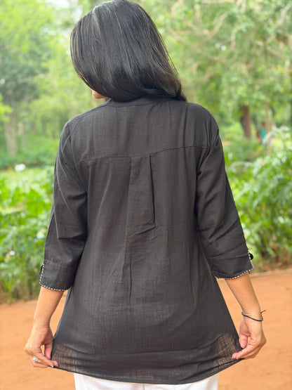 ELINA Black Embroidered Cotton Short Top