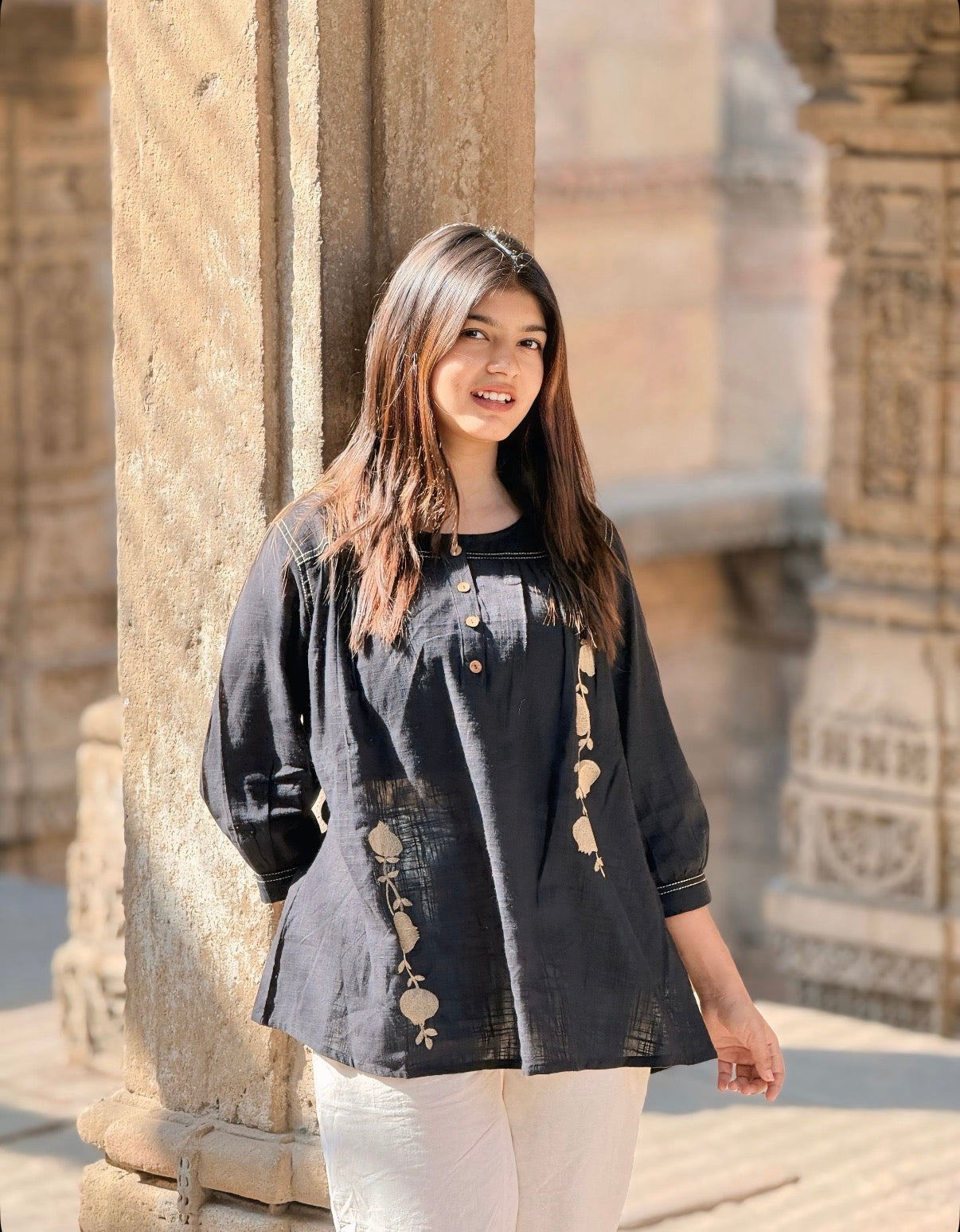 ANORA Black Hand Detail Cotton Short Top