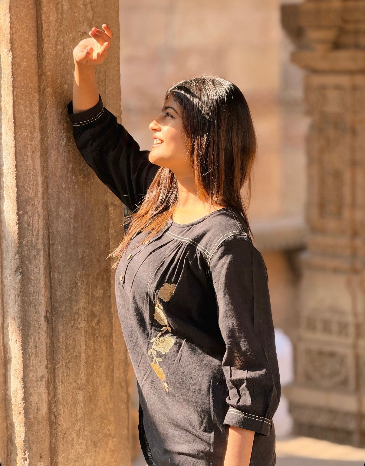 ANORA Black Hand Detail Cotton Short Top