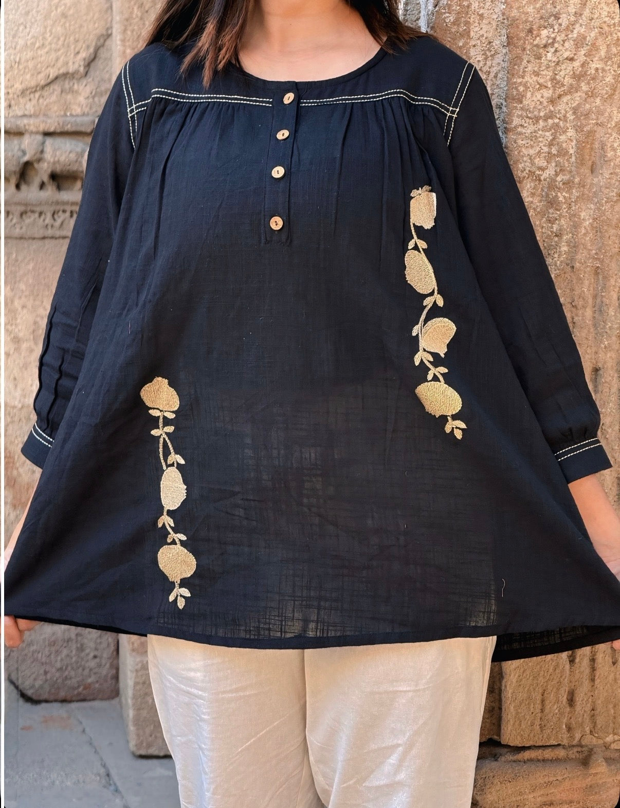 ANORA Black Hand Detail Cotton Short Top