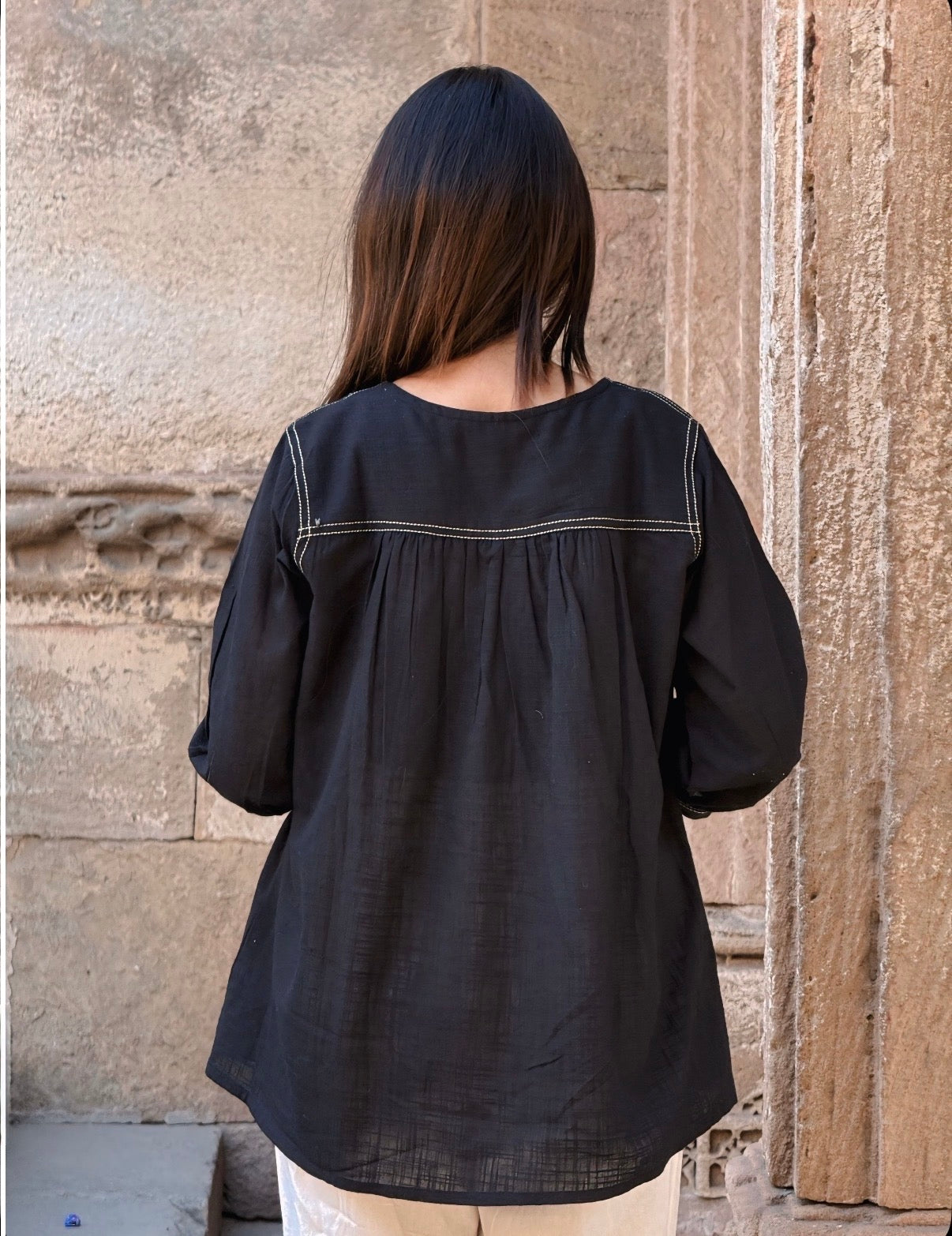 ANORA Black Hand Detail Cotton Short Top