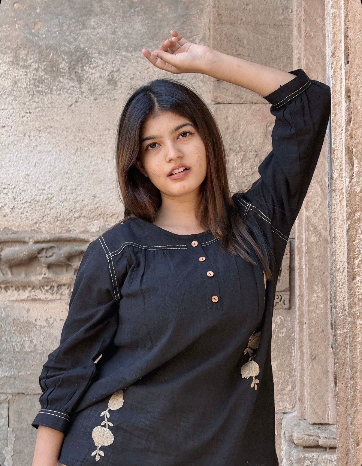 ANORA Black Hand Detail Cotton Short Top