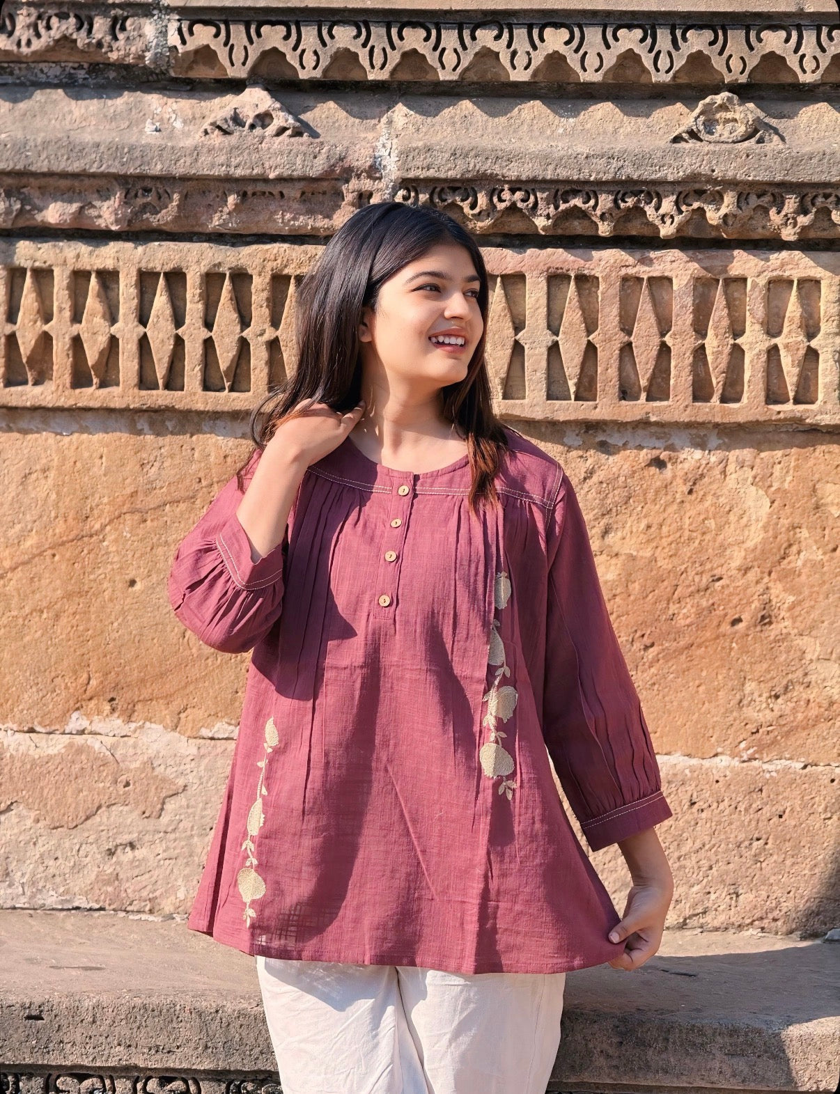 ANORA Dusty Plum Hand Detail Cotton Top