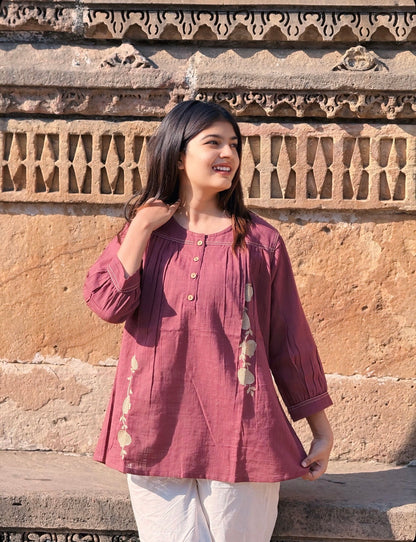 ANORA Dusty Plum Hand Detail Cotton Top