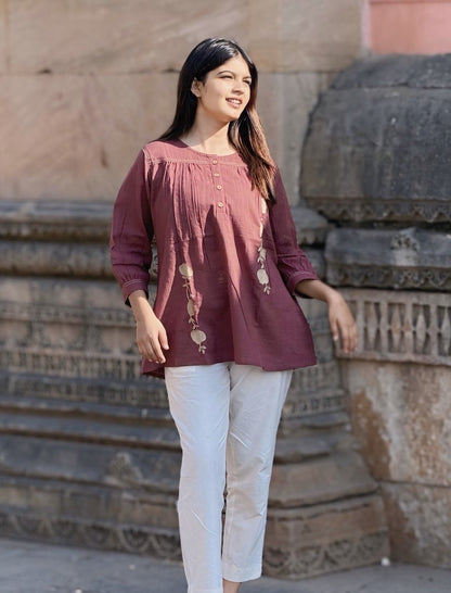 ANORA Dusty Plum Hand Detail Cotton Top