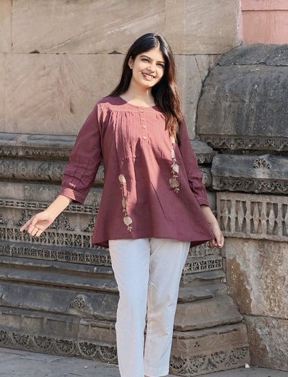 ANORA Dusty Plum Hand Detail Cotton Top