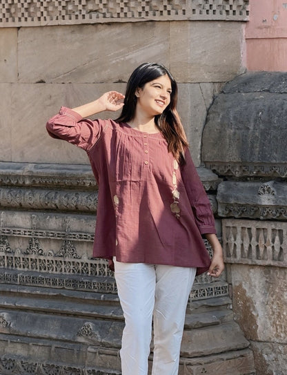 ANORA Dusty Plum Hand Detail Cotton Top