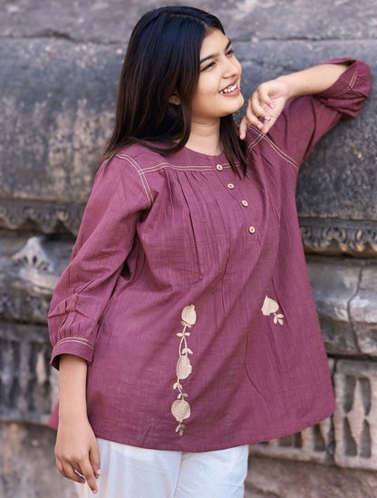 ANORA Dusty Plum Hand Detail Cotton Top