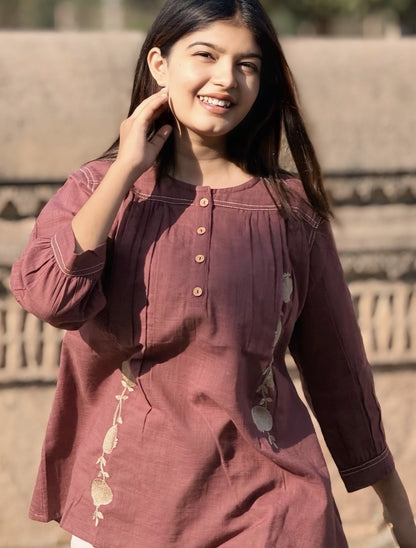 ANORA Dusty Plum Hand Detail Cotton Top