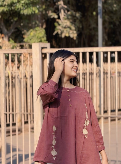 ANORA Dusty Plum Hand Detail Cotton Top