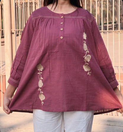 ANORA Dusty Plum Hand Detail Cotton Top
