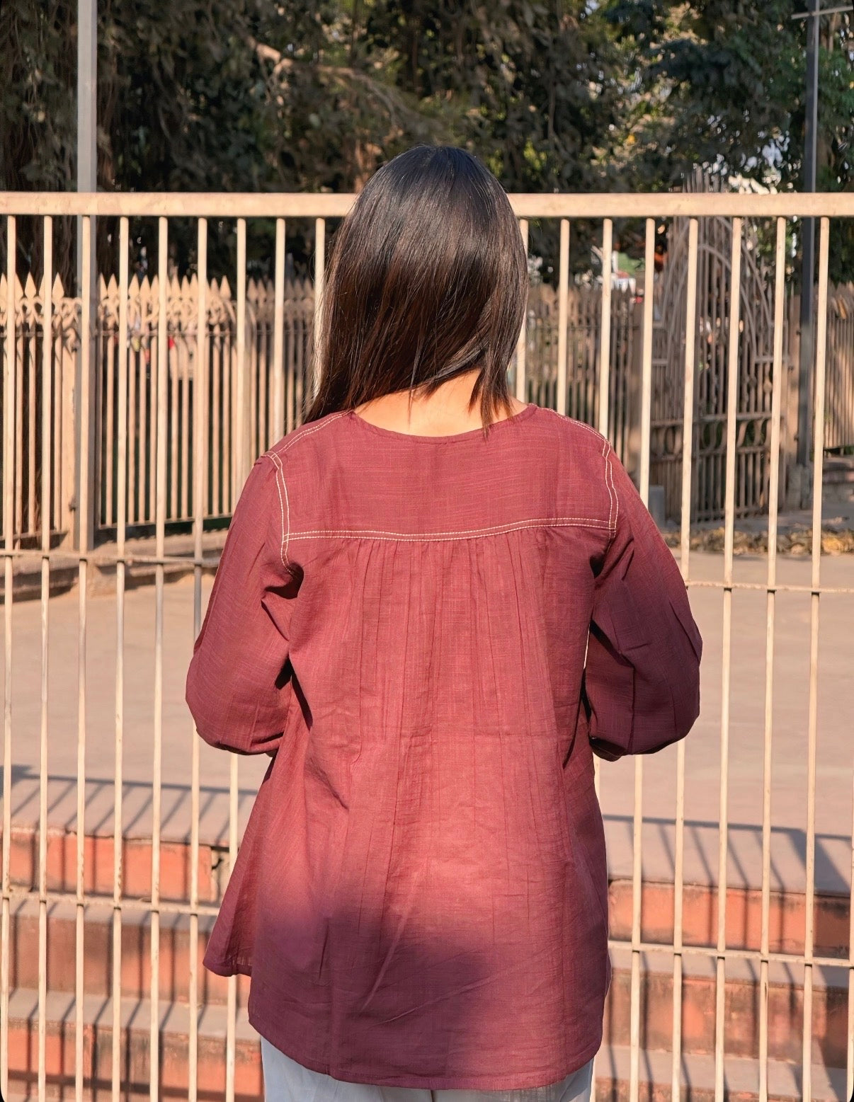 ANORA Dusty Plum Hand Detail Cotton Top