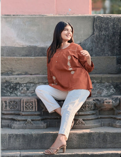 ANORA Rust Hand Detail Cotton Top