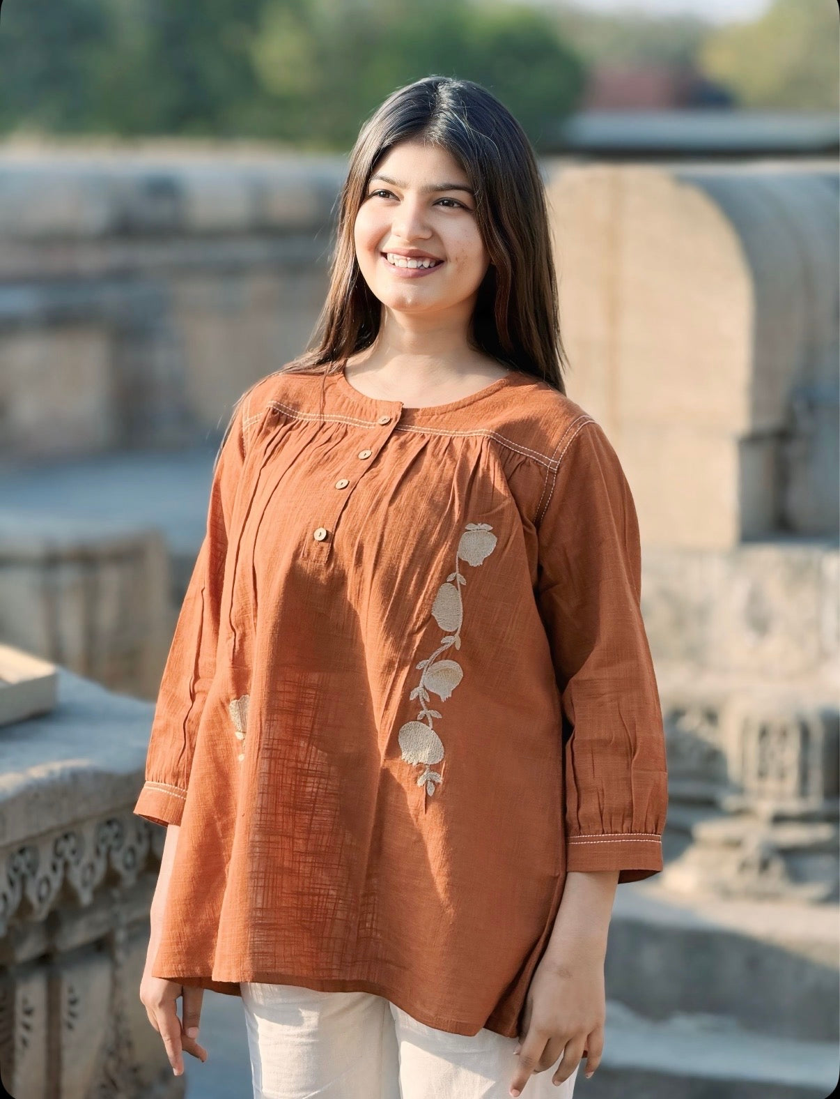 ANORA Rust Hand Detail Cotton Top