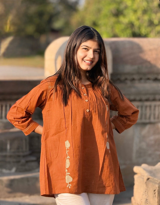 ANORA Rust Hand Detail Cotton Top