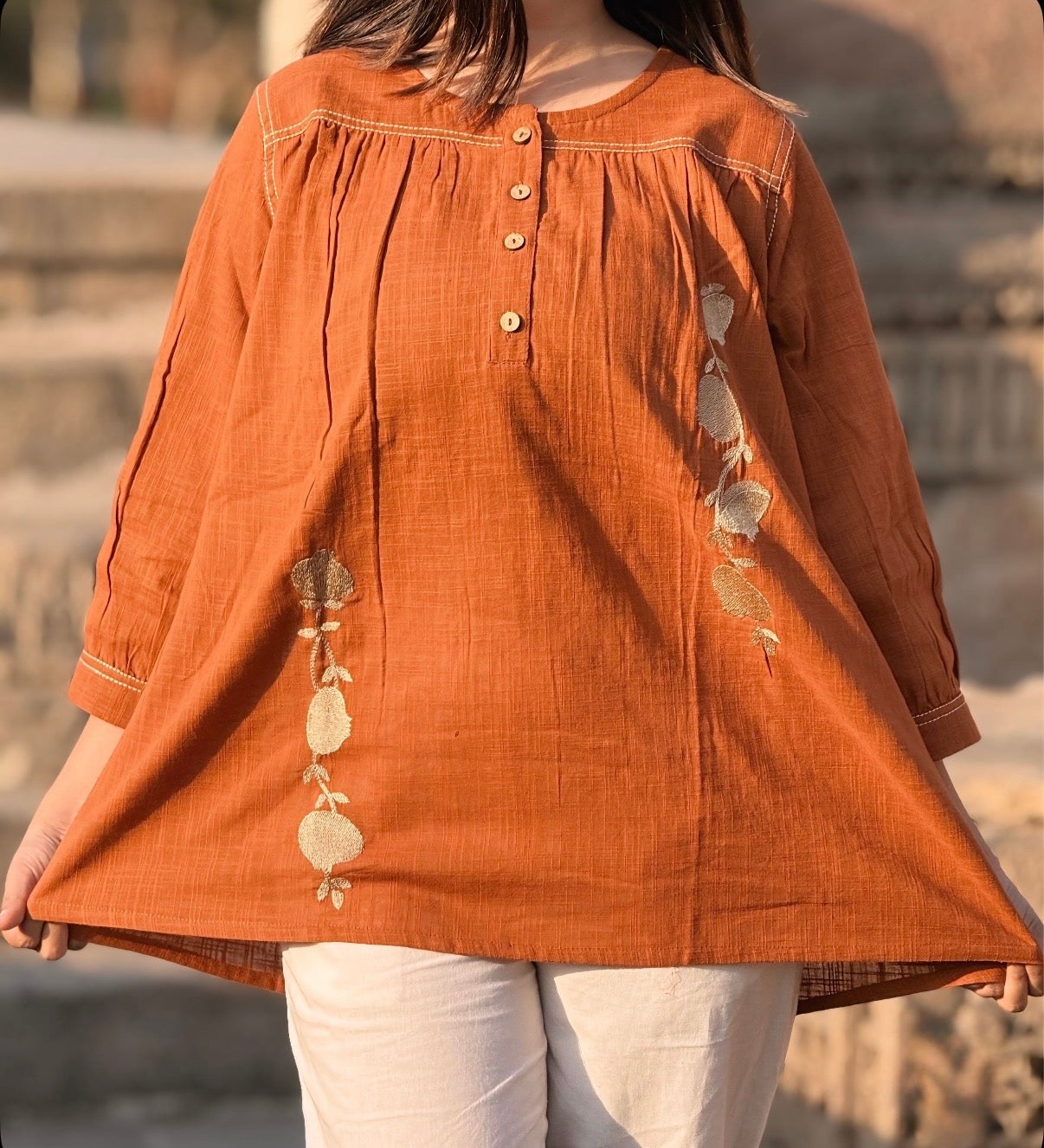 ANORA Rust Hand Detail Cotton Top
