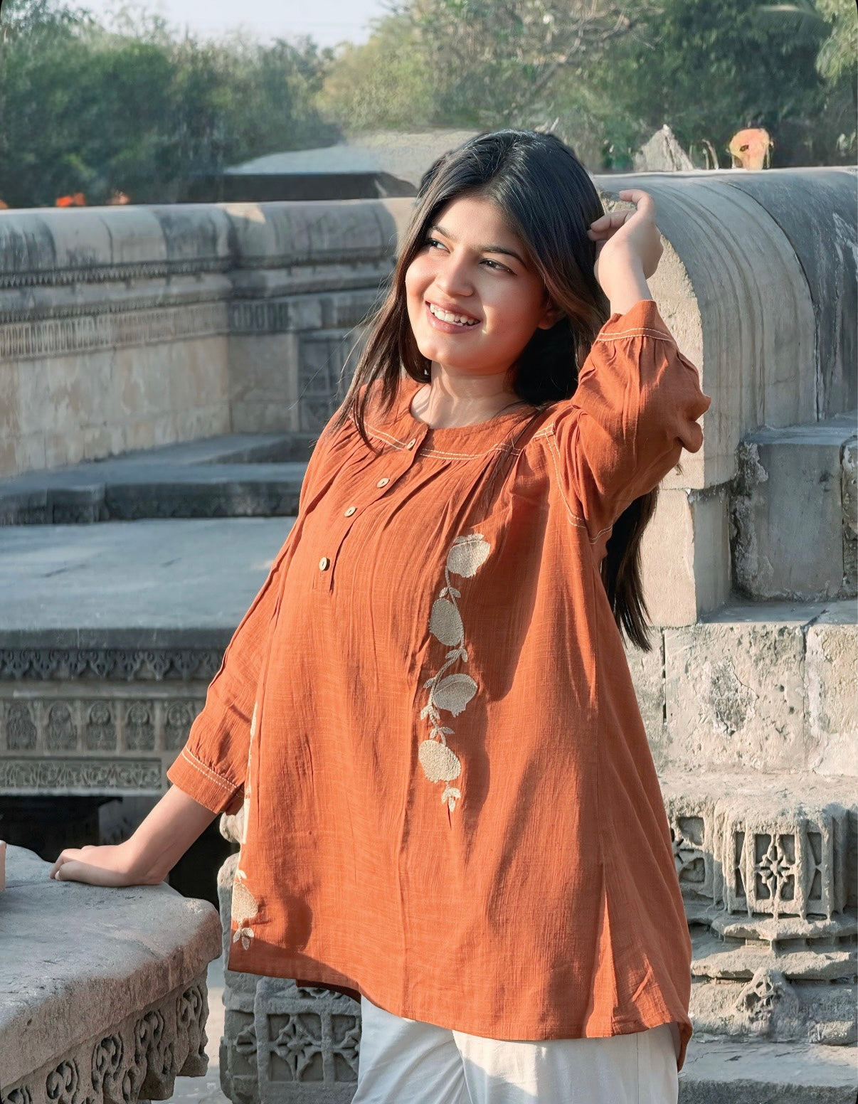 ANORA Rust Hand Detail Cotton Top