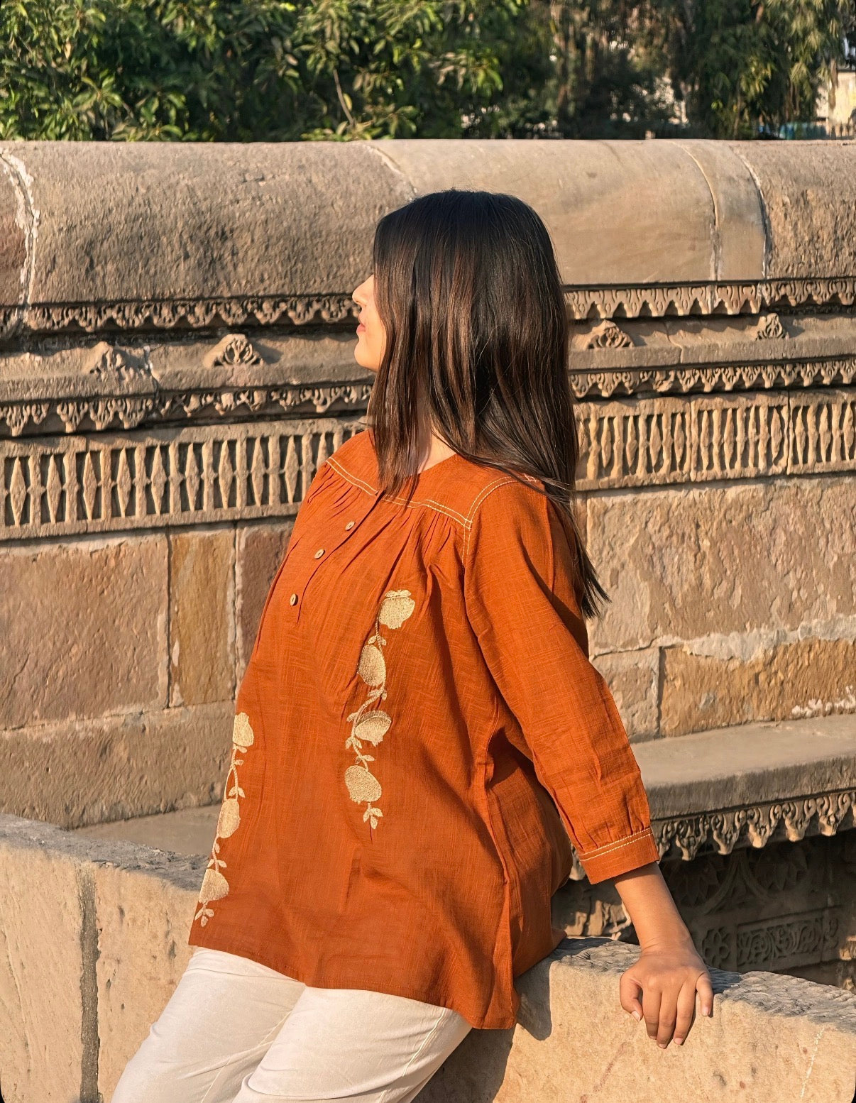 ANORA Rust Hand Detail Cotton Top